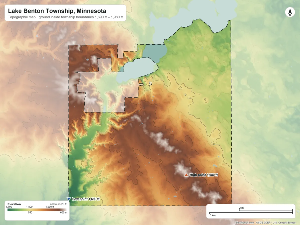 Topographic elevation map of Lake Benton Township, Minnesota, shaded from 1,690 ft on the southwest side to 1,980 ft on the south side