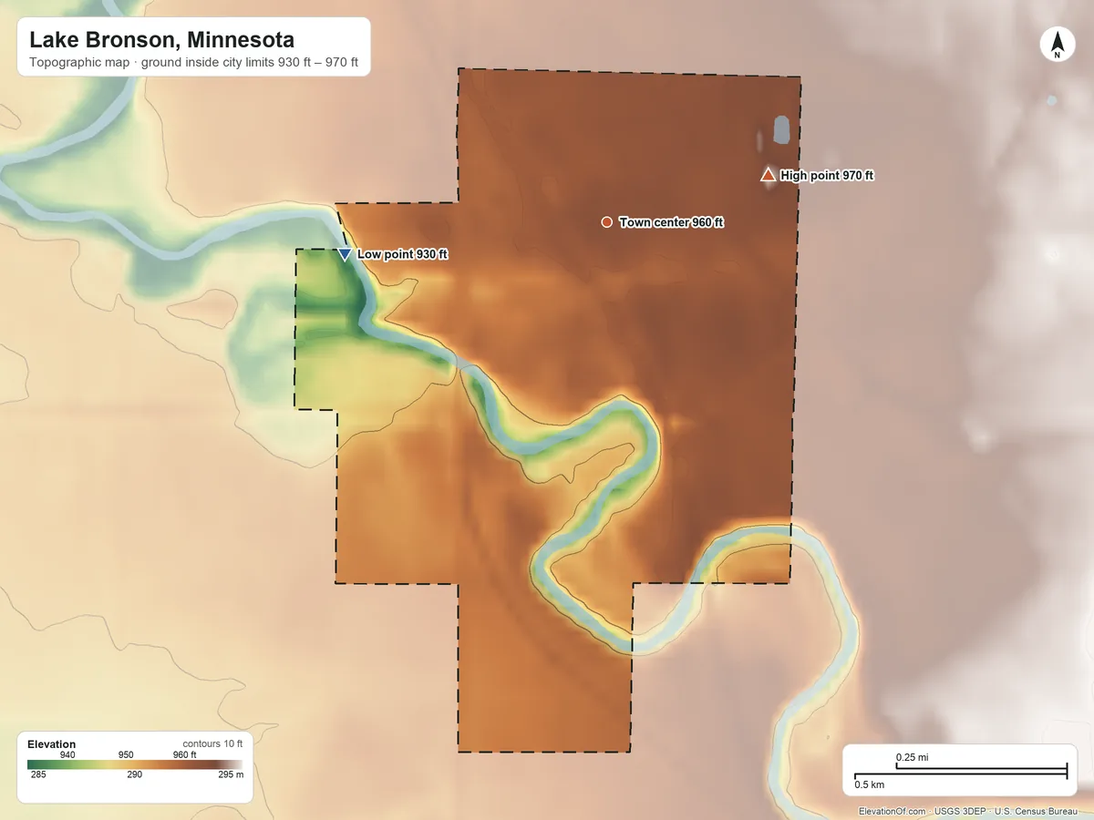 Topographic elevation map of Lake Bronson, Minnesota, shaded from 930 ft on the west side to 970 ft on the east side