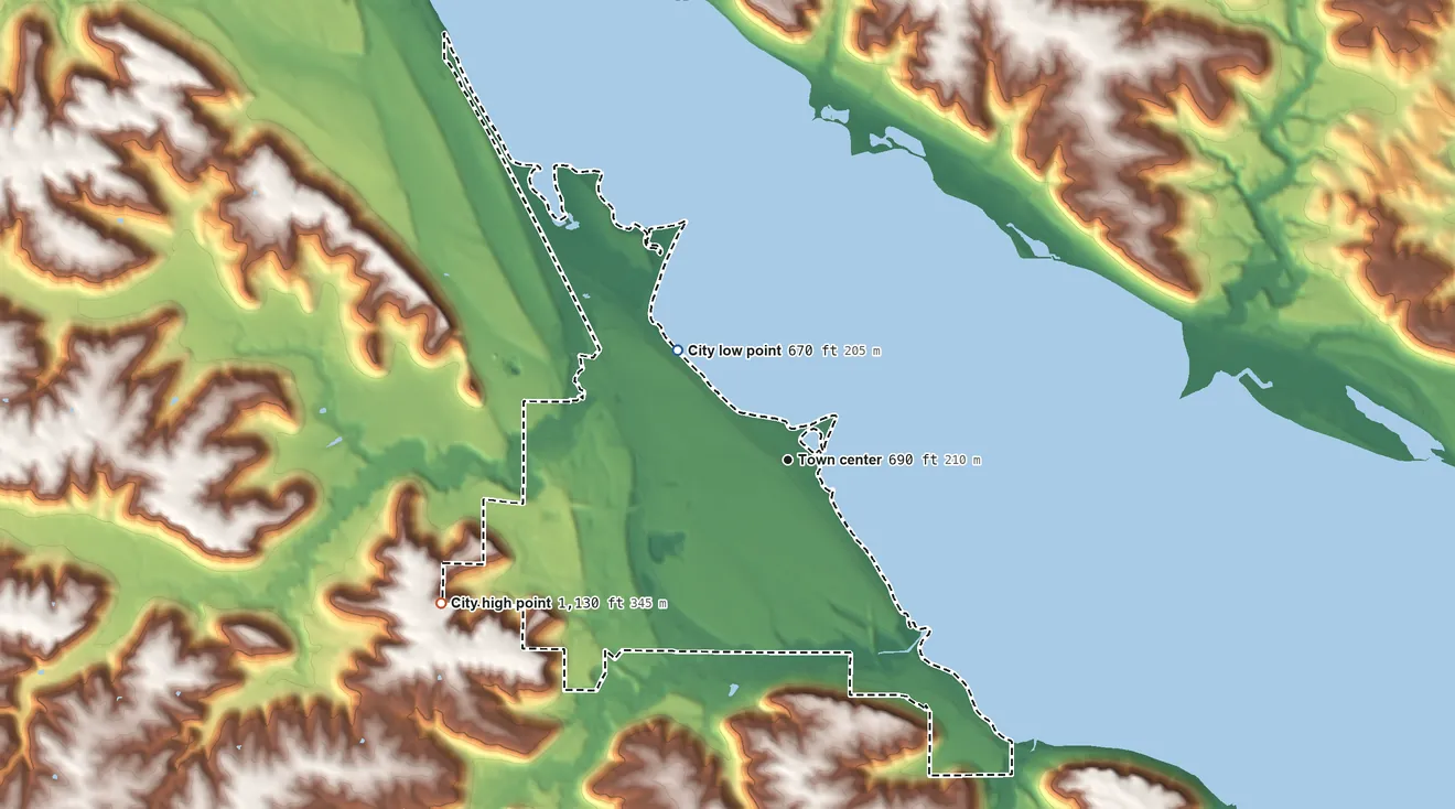 Topographic elevation map of Lake City, Minnesota, shaded from 670 ft on the northwest side to 1,130 ft on the west side