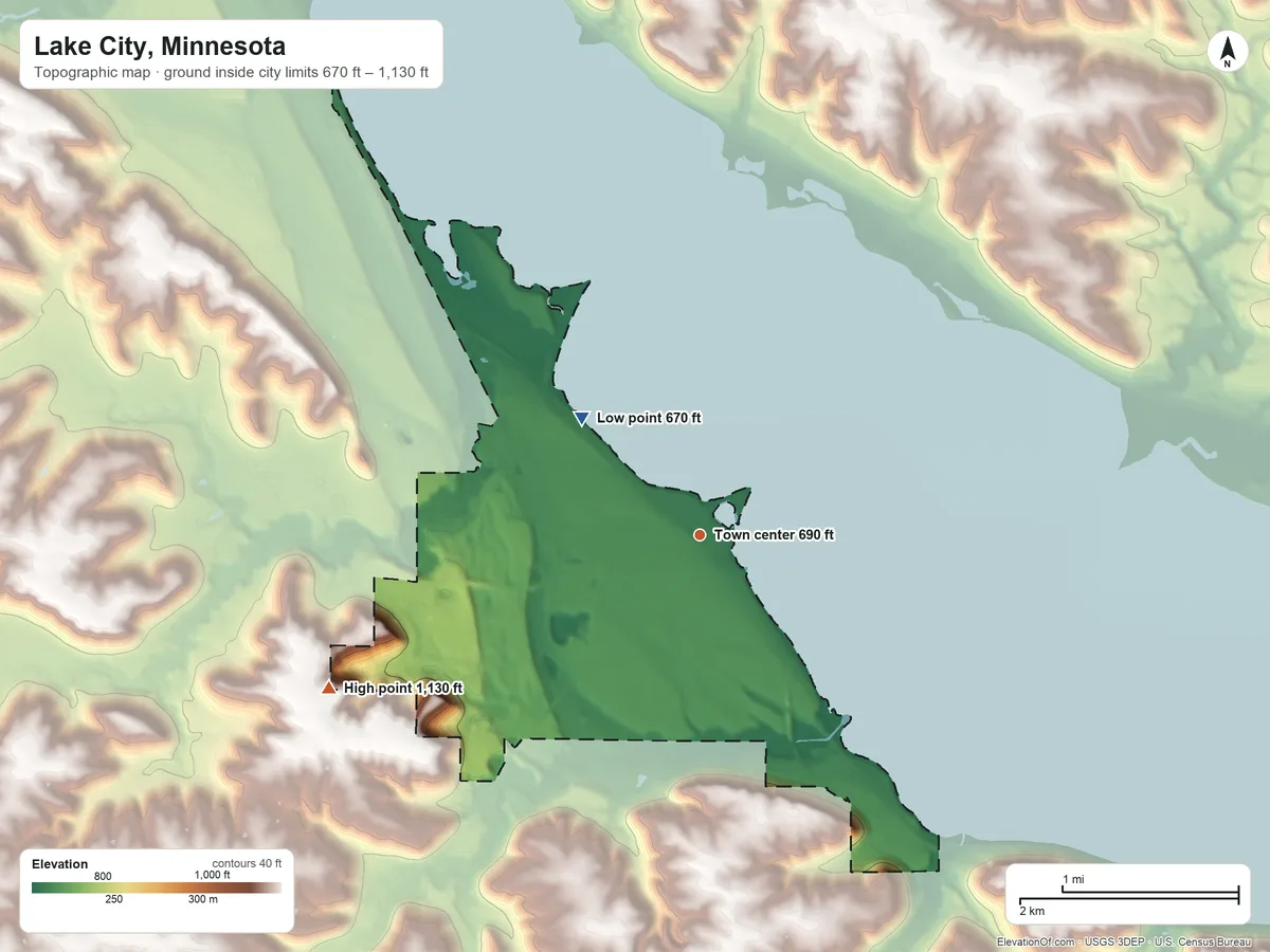Topographic elevation map of Lake City, Minnesota, shaded from 670 ft on the northwest side to 1,130 ft on the west side
