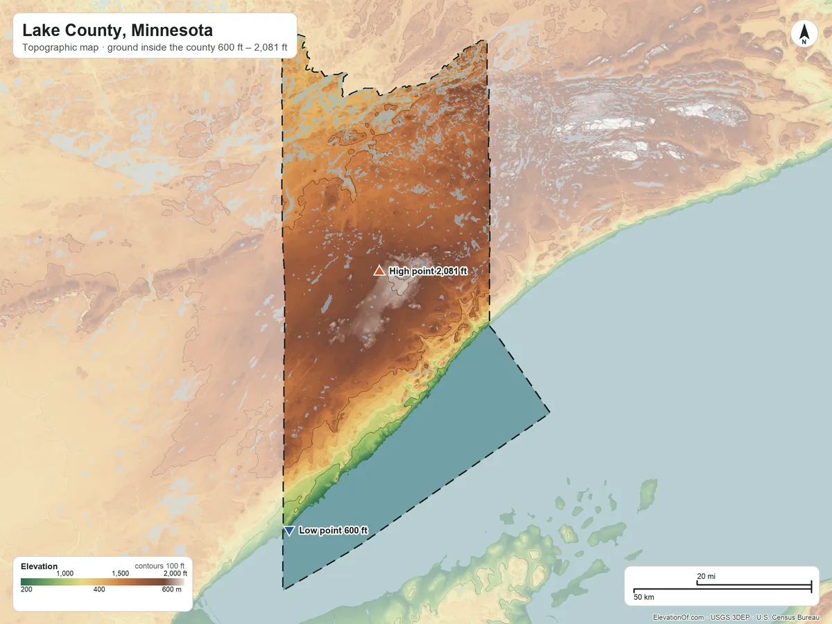 Topographic elevation map of Lake County, Minnesota, shaded from 600 ft on the southwest side to 2,081 ft on Stony Tower Hill