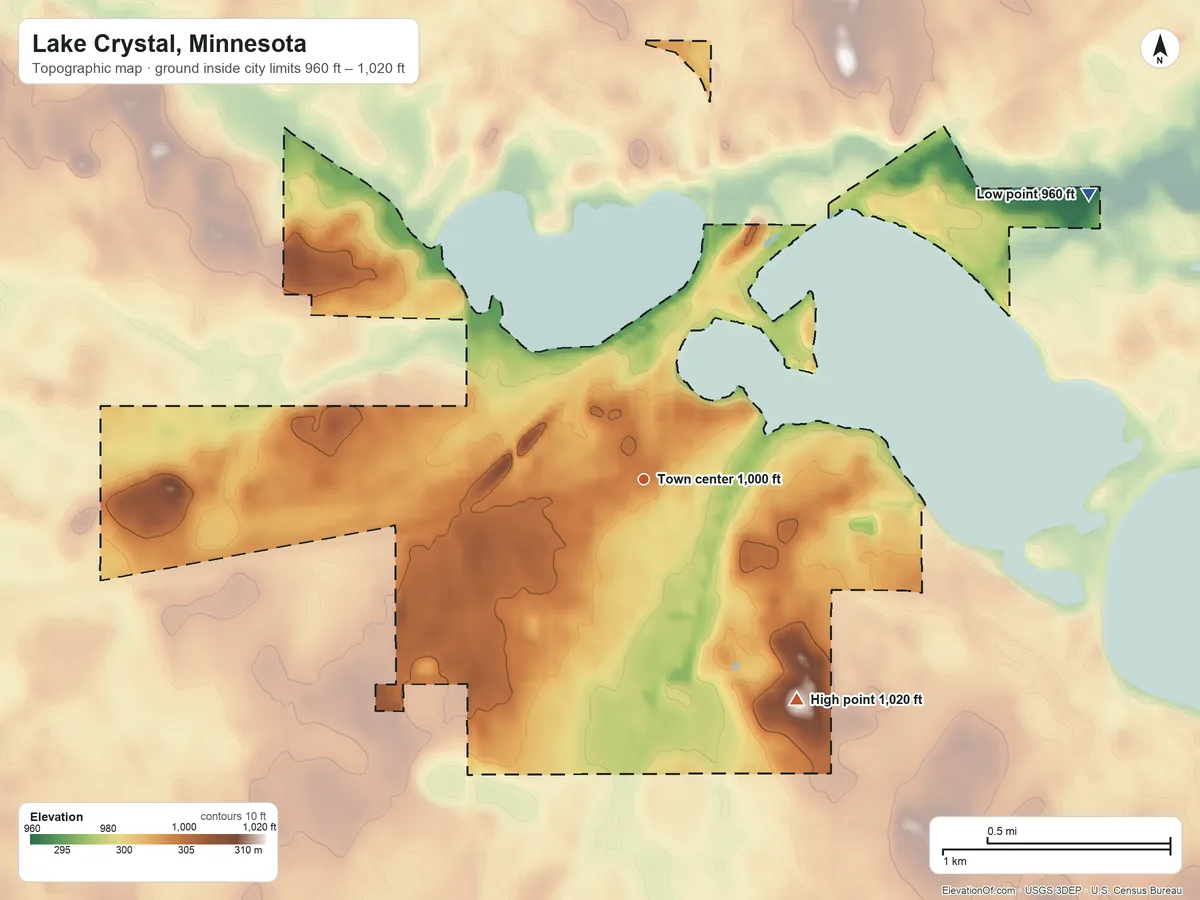 Topographic elevation map of Lake Crystal, Minnesota, shaded from 960 ft on the northeast side to 1,020 ft on the southeast side