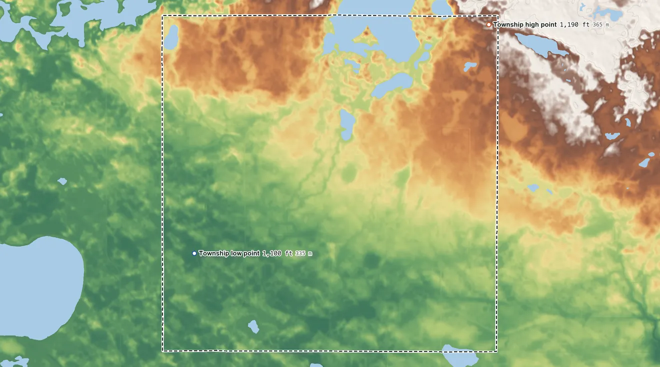 Topographic elevation map of Lake Elizabeth Township, Minnesota, shaded from 1,100 ft on the west side to 1,190 ft on the northeast side