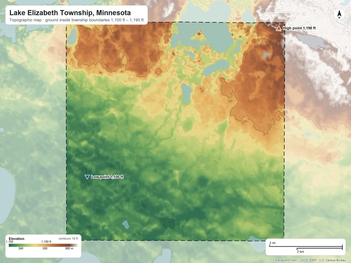 Topographic elevation map of Lake Elizabeth Township, Minnesota, shaded from 1,100 ft on the west side to 1,190 ft on the northeast side