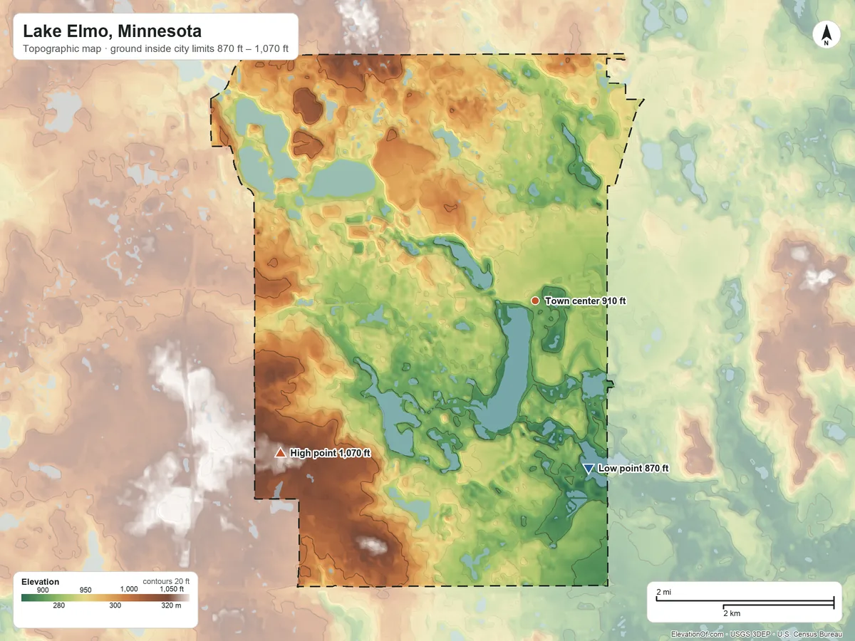 Topographic elevation map of Lake Elmo, Minnesota, shaded from 870 ft on the south side to 1,070 ft on the southwest side