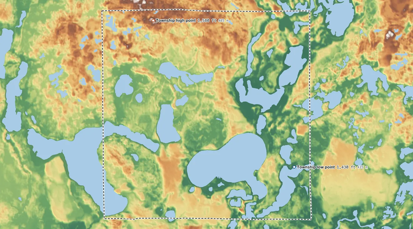 Topographic elevation map of Lake Emma Township, Minnesota, shaded from 1,430 ft on the southeast side to 1,580 ft on the northwest side