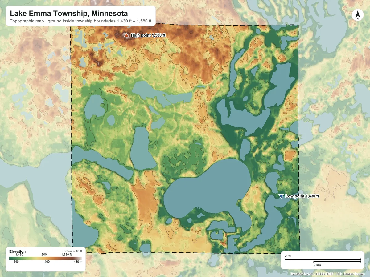 Topographic elevation map of Lake Emma Township, Minnesota, shaded from 1,430 ft on the southeast side to 1,580 ft on the northwest side