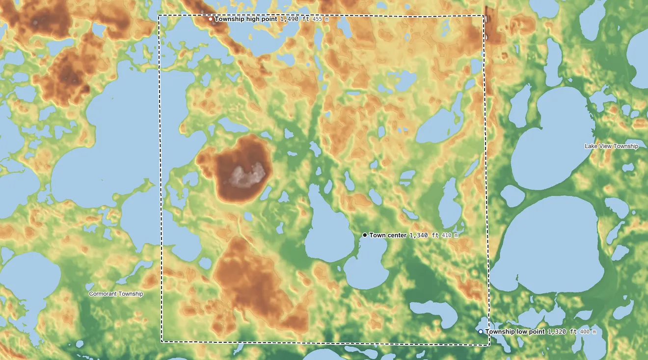 Topographic elevation map of Lake Eunice Township, Minnesota, shaded from 1,320 ft on the southeast side to 1,490 ft on the northwest side