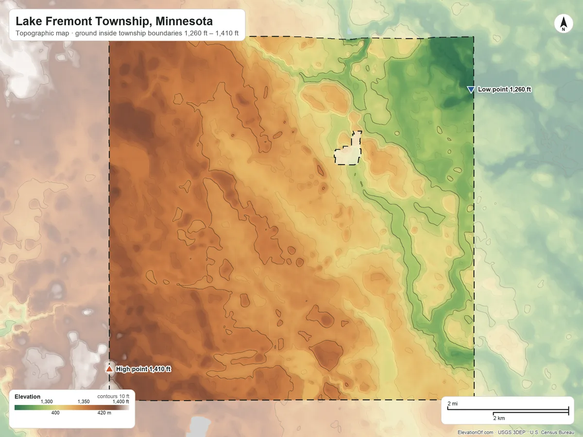 Topographic elevation map of Lake Fremont Township, Minnesota, shaded from 1,260 ft on the northeast side to 1,410 ft on the southwest side