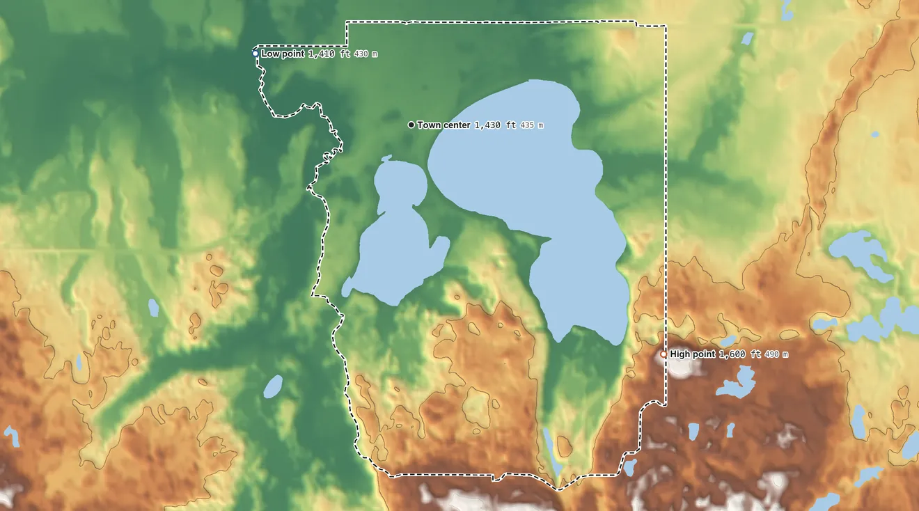 Topographic elevation map of Lake George, Minnesota, shaded from 1,410 ft on the northwest side to 1,600 ft on the southeast side