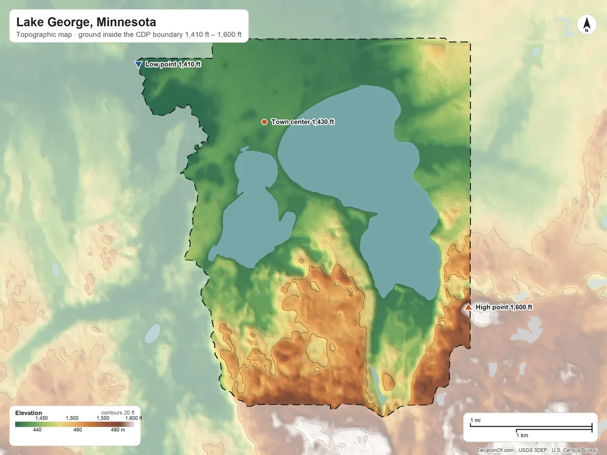 Topographic elevation map of Lake George, Minnesota, shaded from 1,410 ft on the northwest side to 1,600 ft on the southeast side