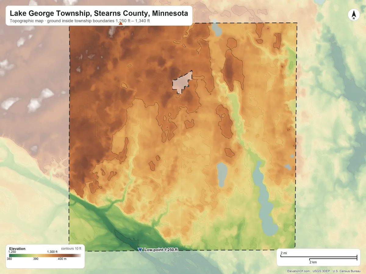 Topographic elevation map of Lake George Township, Stearns County, Minnesota, shaded from 1,250 ft on the southwest side to 1,340 ft on the northwest side