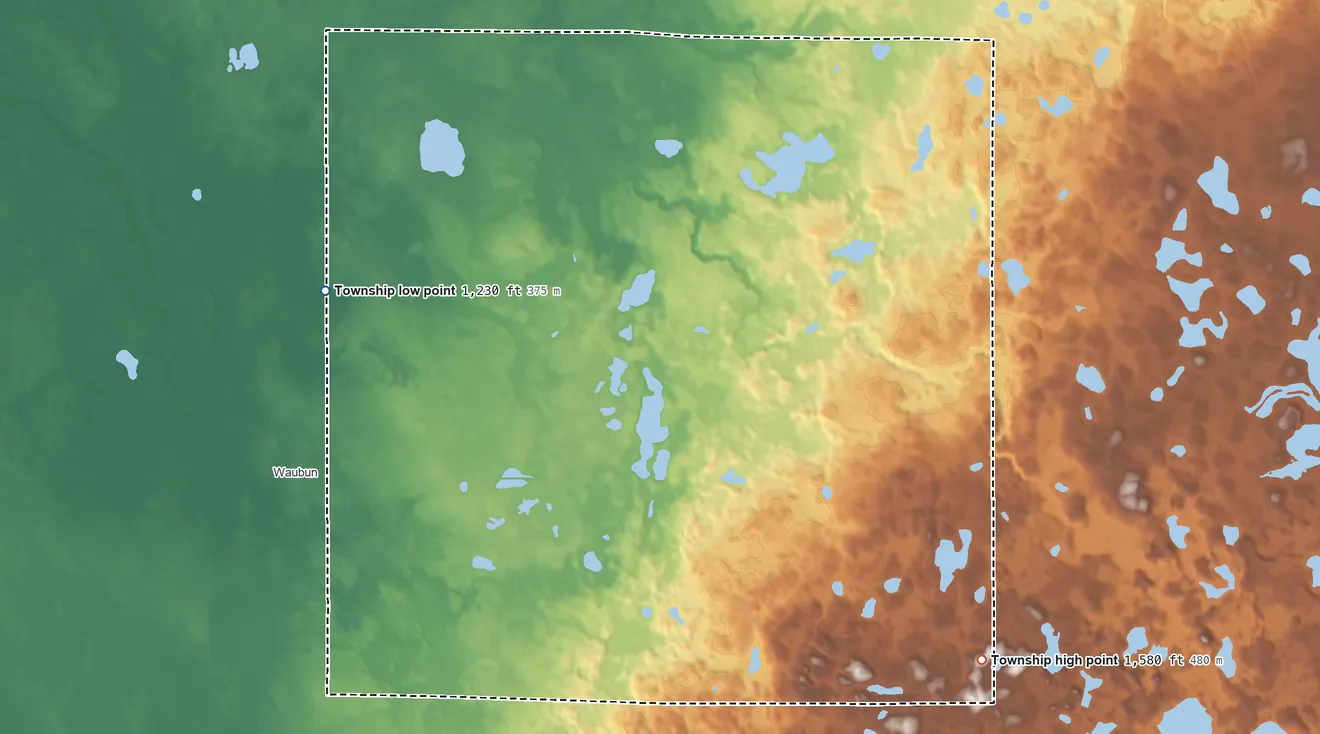Topographic elevation map of Lake Grove Township, Minnesota, shaded from 1,230 ft on the northwest side to 1,580 ft on the southeast side