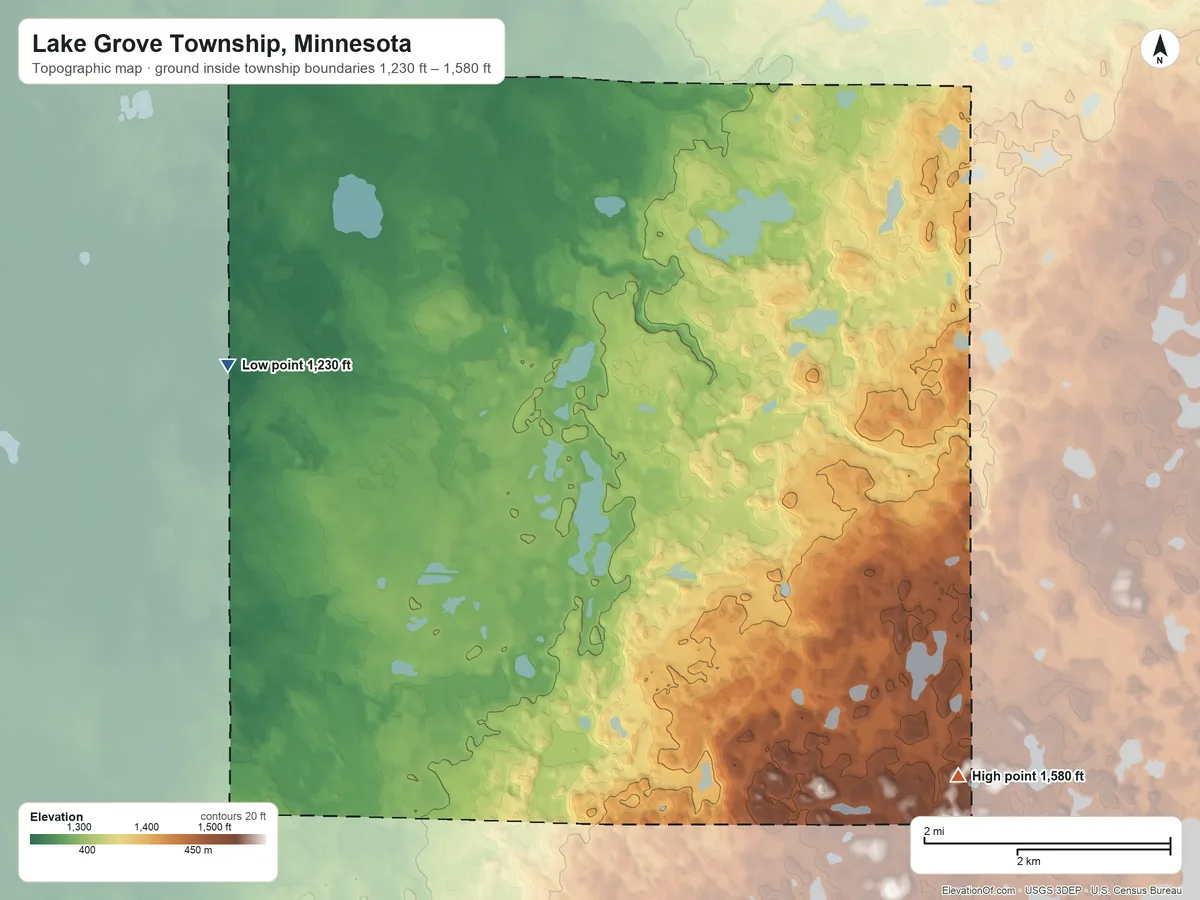 Topographic elevation map of Lake Grove Township, Minnesota, shaded from 1,230 ft on the northwest side to 1,580 ft on the southeast side