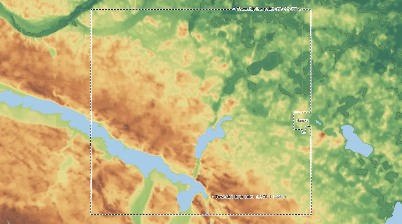 Topographic elevation map of Lake Hanska Township, Minnesota, shaded from 990 ft on the northeast side to 1,070 ft on the southeast side