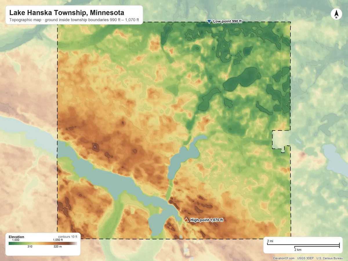 Topographic elevation map of Lake Hanska Township, Minnesota, shaded from 990 ft on the northeast side to 1,070 ft on the southeast side