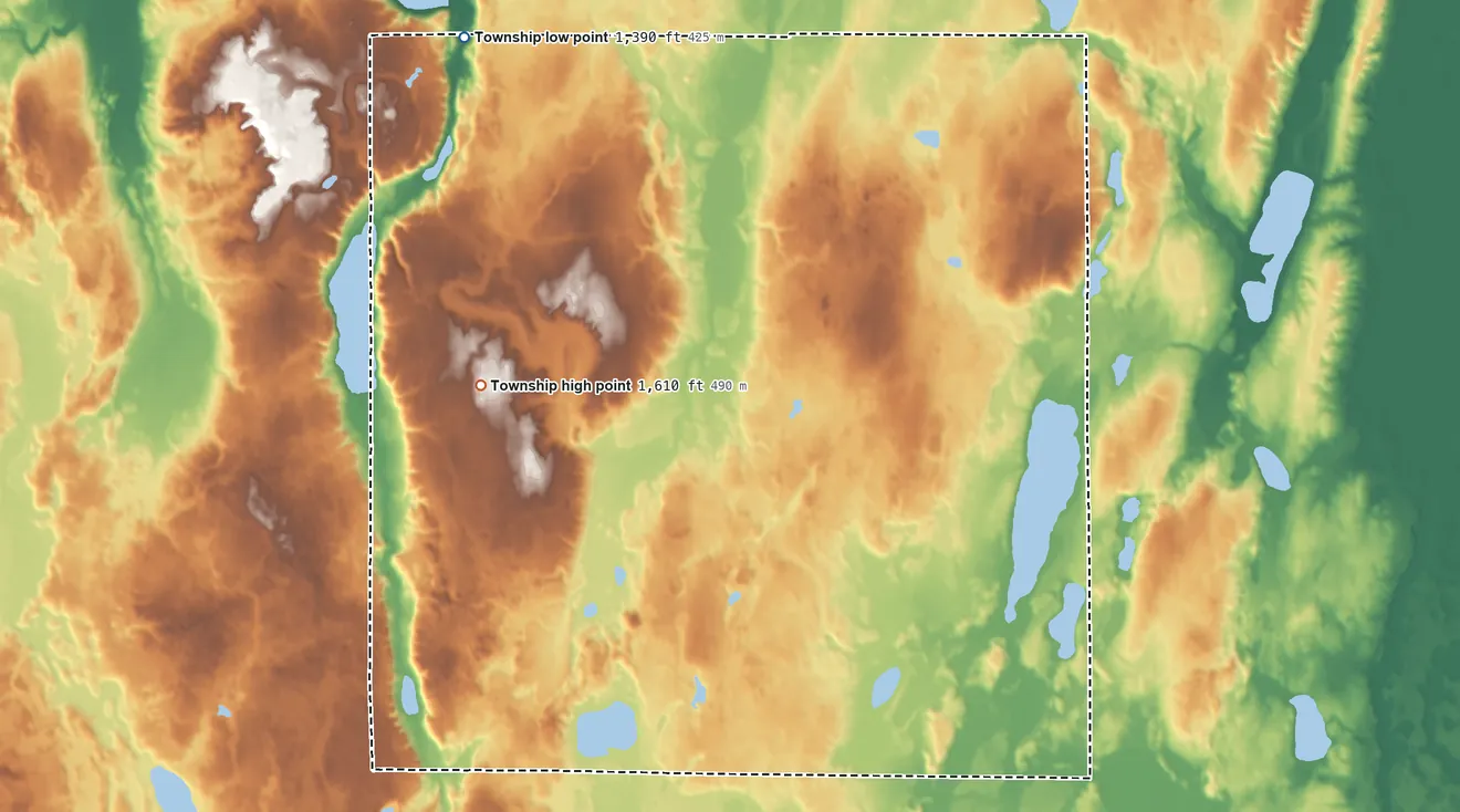 Topographic elevation map of Lake Hattie Township, Minnesota, shaded from 1,390 ft on the northwest side to 1,610 ft on the southwest side