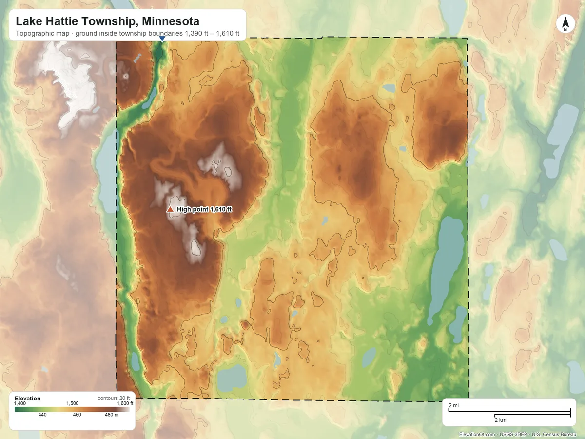 Topographic elevation map of Lake Hattie Township, Minnesota, shaded from 1,390 ft on the northwest side to 1,610 ft on the southwest side
