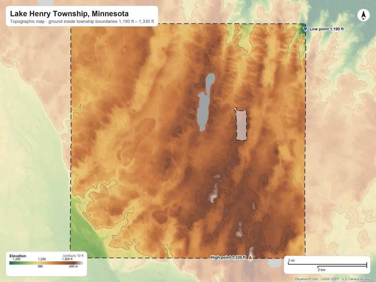 Topographic elevation map of Lake Henry Township, Minnesota, shaded from 1,190 ft on the northeast side to 1,330 ft on the southeast side