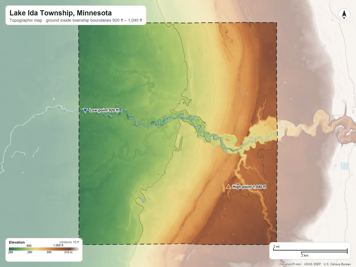 Topographic elevation map of Lake Ida Township, Minnesota, shaded from 920 ft on the west side to 1,040 ft on the southeast side