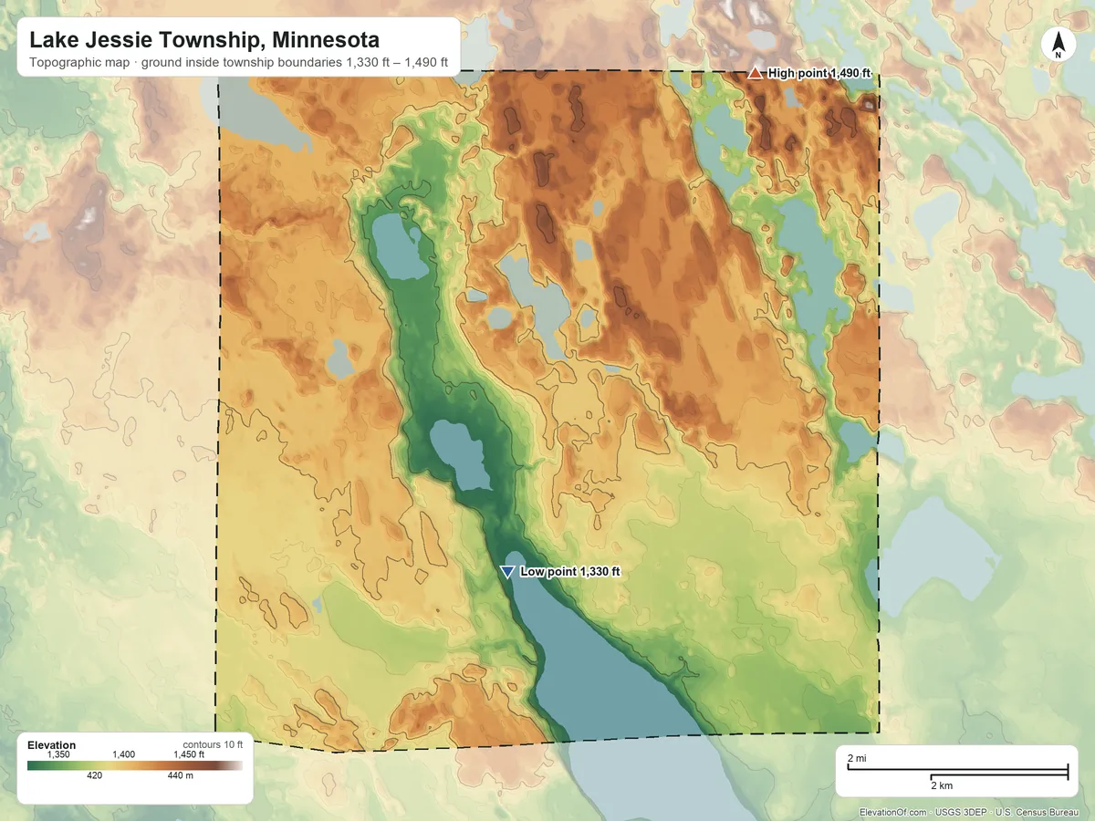Topographic elevation map of Lake Jessie Township, Minnesota, shaded from 1,330 ft on the southwest side to 1,490 ft on the north side