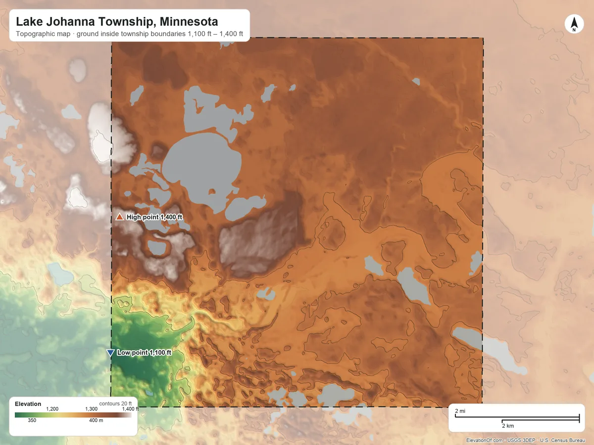 Topographic elevation map of Lake Johanna Township, Minnesota, shaded from 1,100 ft on the west side to 1,400 ft on the northwest side