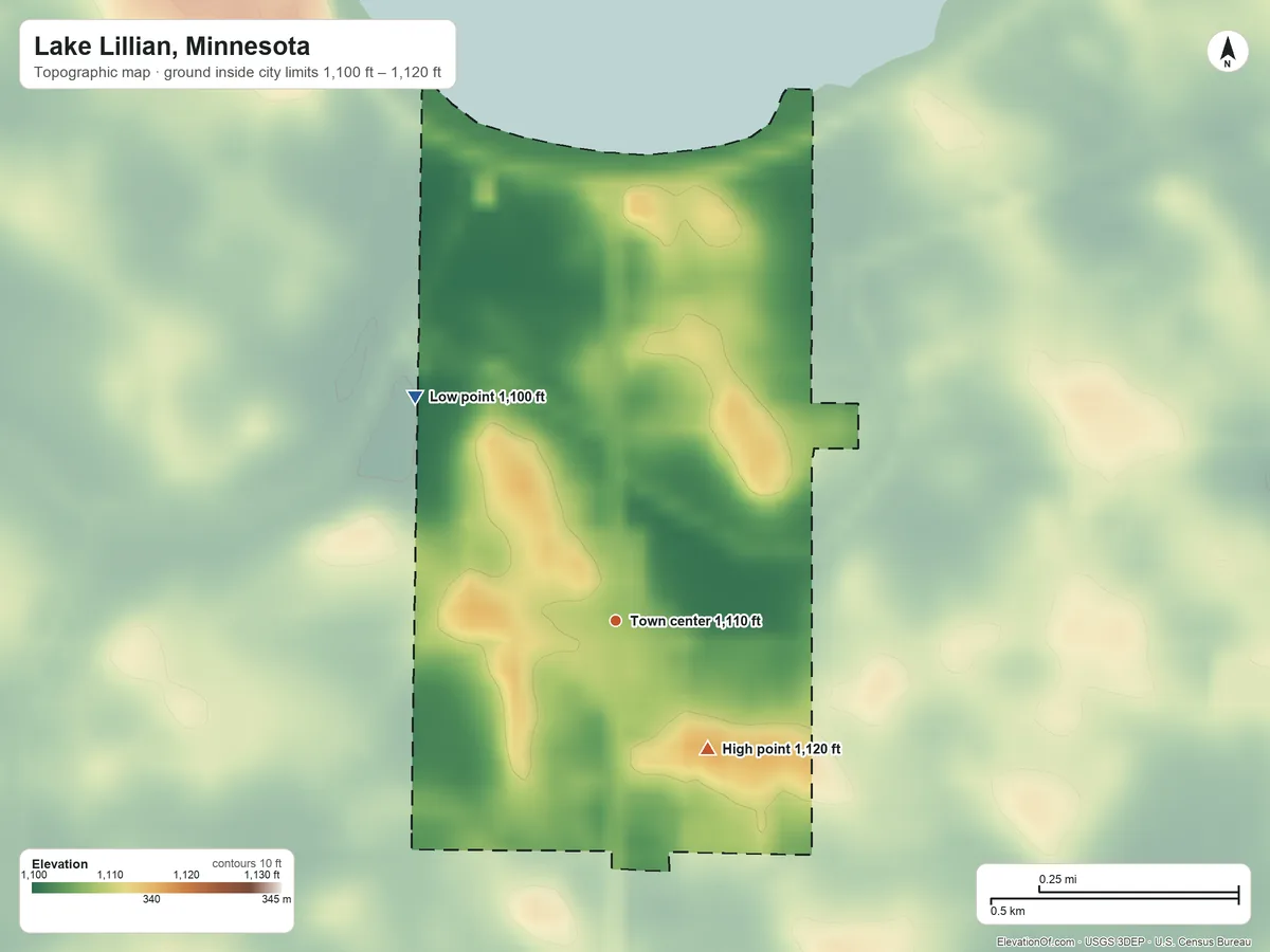 Topographic elevation map of Lake Lillian, Minnesota, shaded from 1,100 ft on the northwest side to 1,120 ft on the southeast side