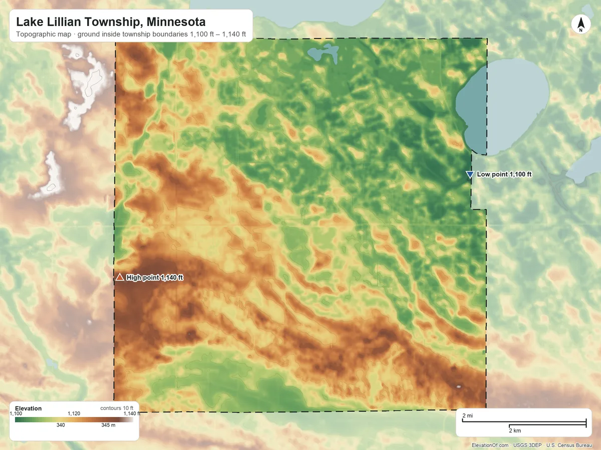 Topographic elevation map of Lake Lillian Township, Minnesota, shaded from 1,100 ft on the northeast side to 1,140 ft on the west side