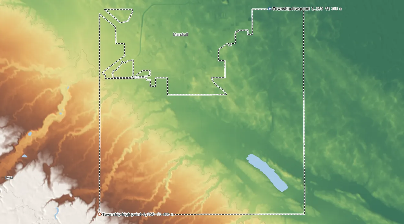 Topographic elevation map of Lake Marshall Township, Minnesota, shaded from 1,130 ft on the northeast side to 1,350 ft on the southwest side