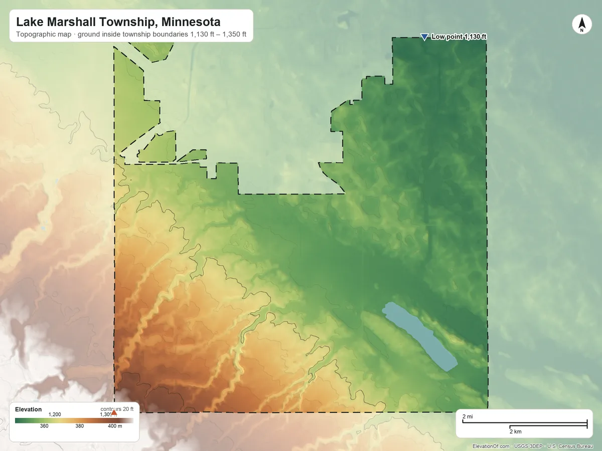 Topographic elevation map of Lake Marshall Township, Minnesota, shaded from 1,130 ft on the northeast side to 1,350 ft on the southwest side