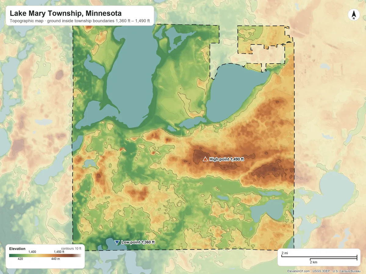 Topographic elevation map of Lake Mary Township, Minnesota, shaded from 1,360 ft on the southwest side to 1,490 ft on the south side