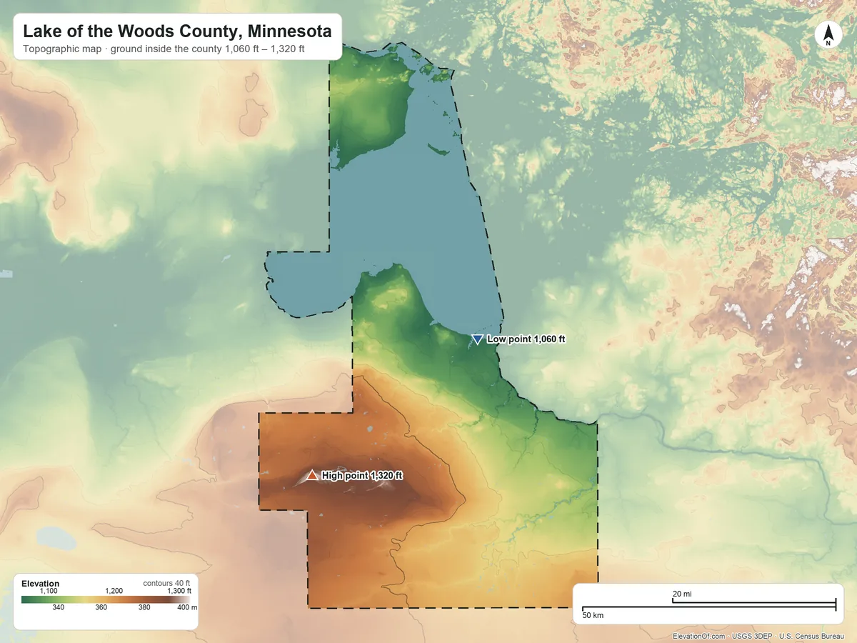 Topographic elevation map of Lake of the Woods County, Minnesota, shaded from 1,060 ft near the middle to 1,320 ft on the southwest side