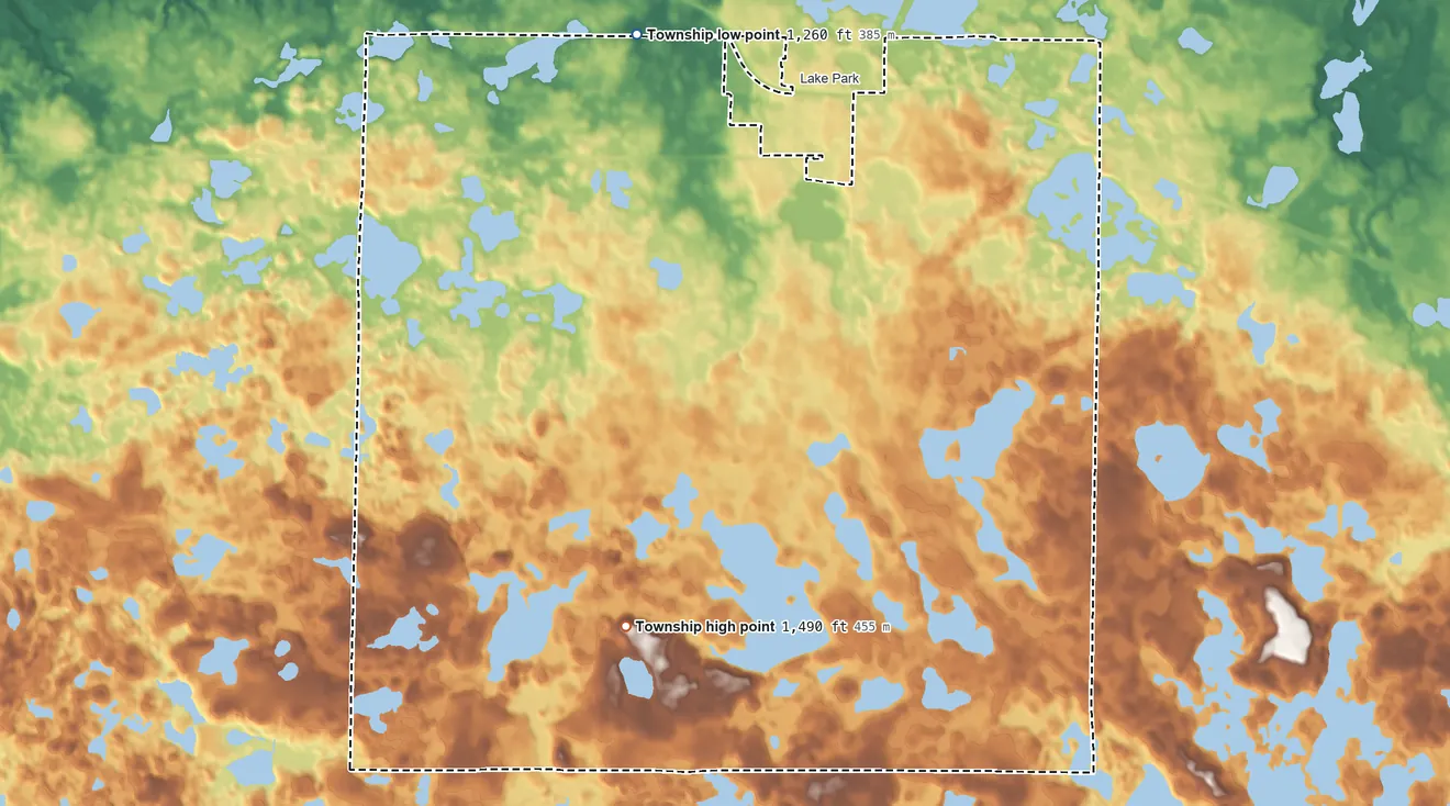 Topographic elevation map of Lake Park Township, Minnesota, shaded from 1,260 ft on the north side to 1,490 ft on the south side