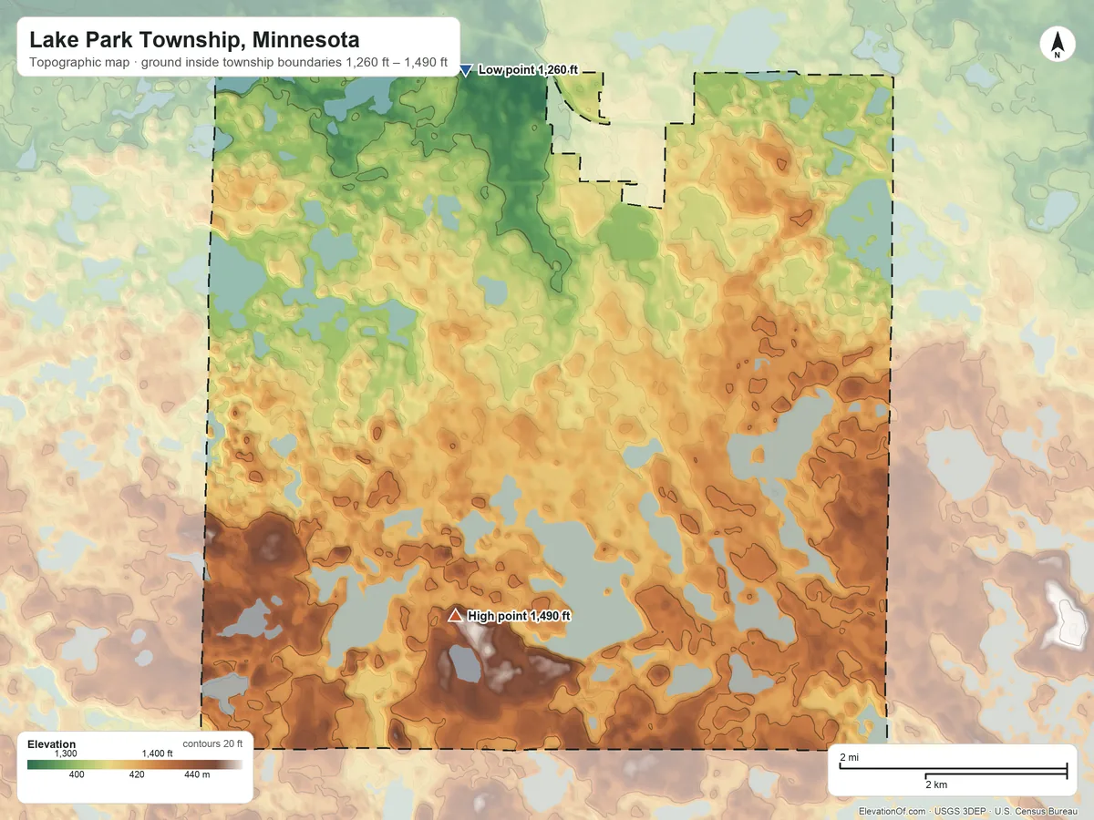 Topographic elevation map of Lake Park Township, Minnesota, shaded from 1,260 ft on the north side to 1,490 ft on the south side