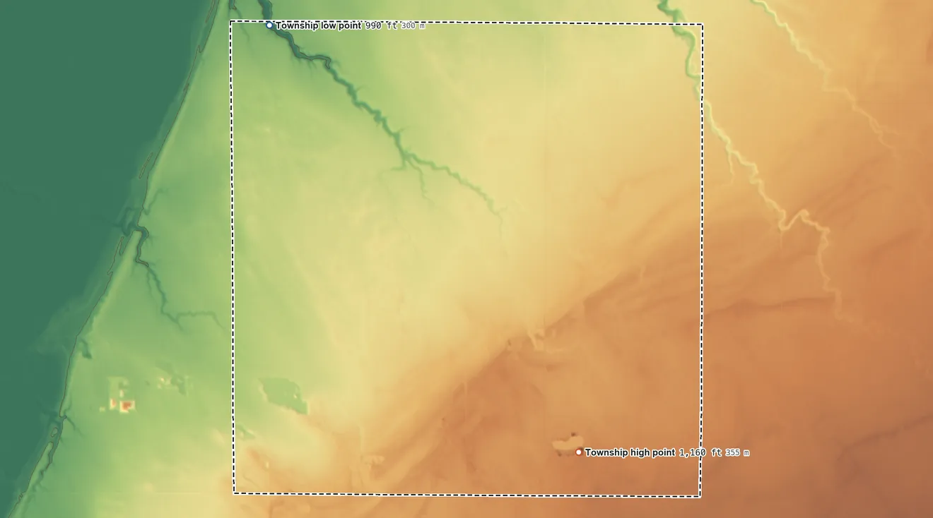 Topographic elevation map of Lake Pleasant Township, Minnesota, shaded from 990 ft on the northwest side to 1,160 ft on the southeast side