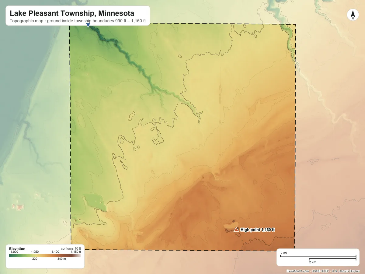 Topographic elevation map of Lake Pleasant Township, Minnesota, shaded from 990 ft on the northwest side to 1,160 ft on the southeast side