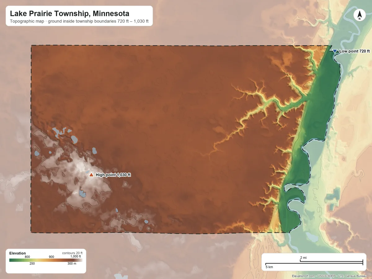 Topographic elevation map of Lake Prairie Township, Minnesota, shaded from 720 ft on the northeast side to 1,030 ft on the west side