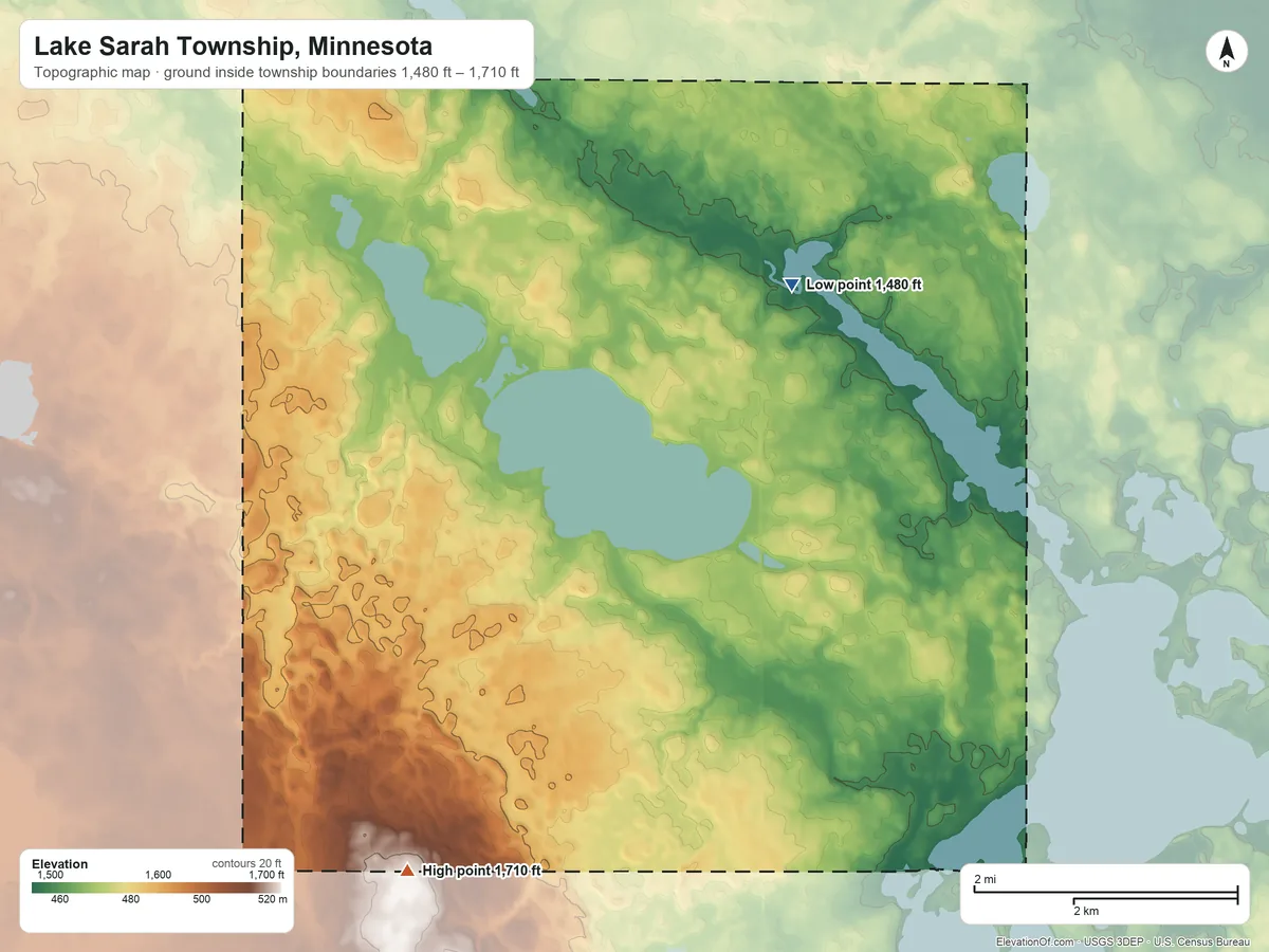 Topographic elevation map of Lake Sarah Township, Minnesota, shaded from 1,480 ft on the north side to 1,710 ft on the southwest side