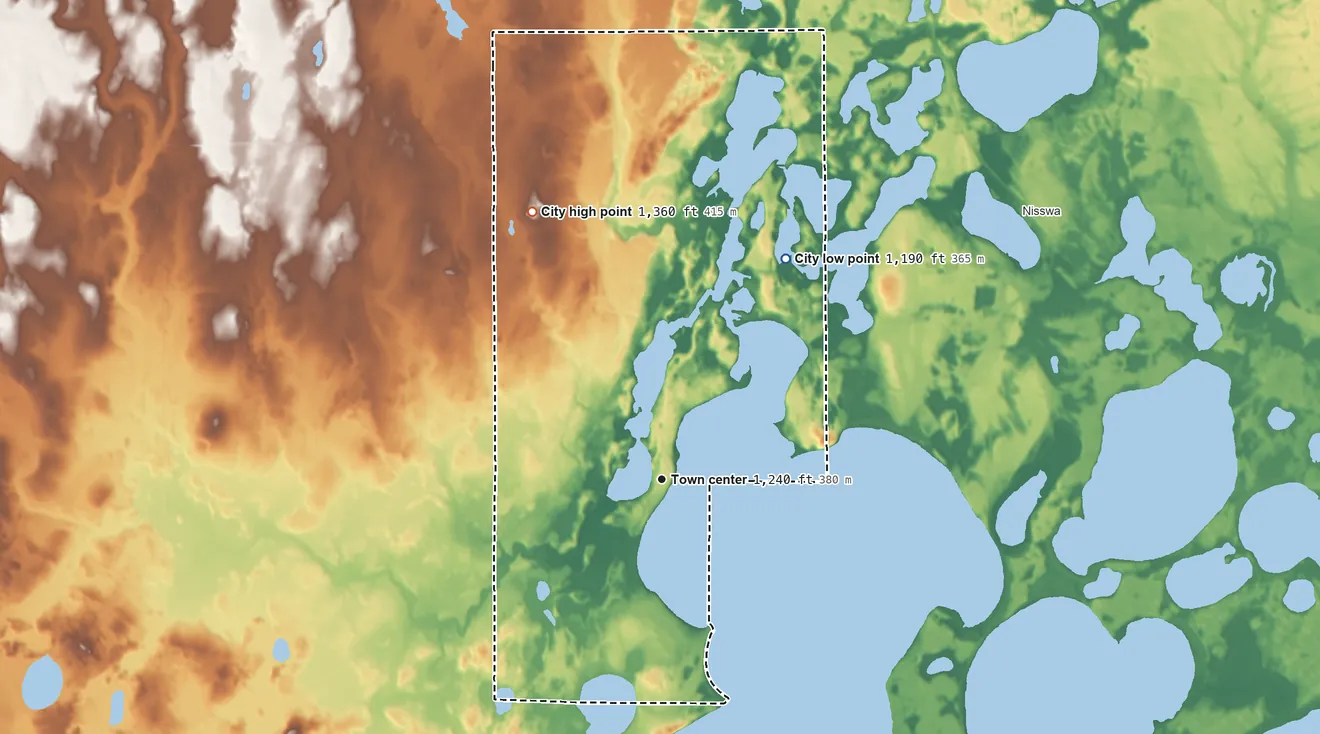 Topographic elevation map of Lake Shore, Minnesota, shaded from 1,190 ft on the northeast side to 1,360 ft on the northwest side