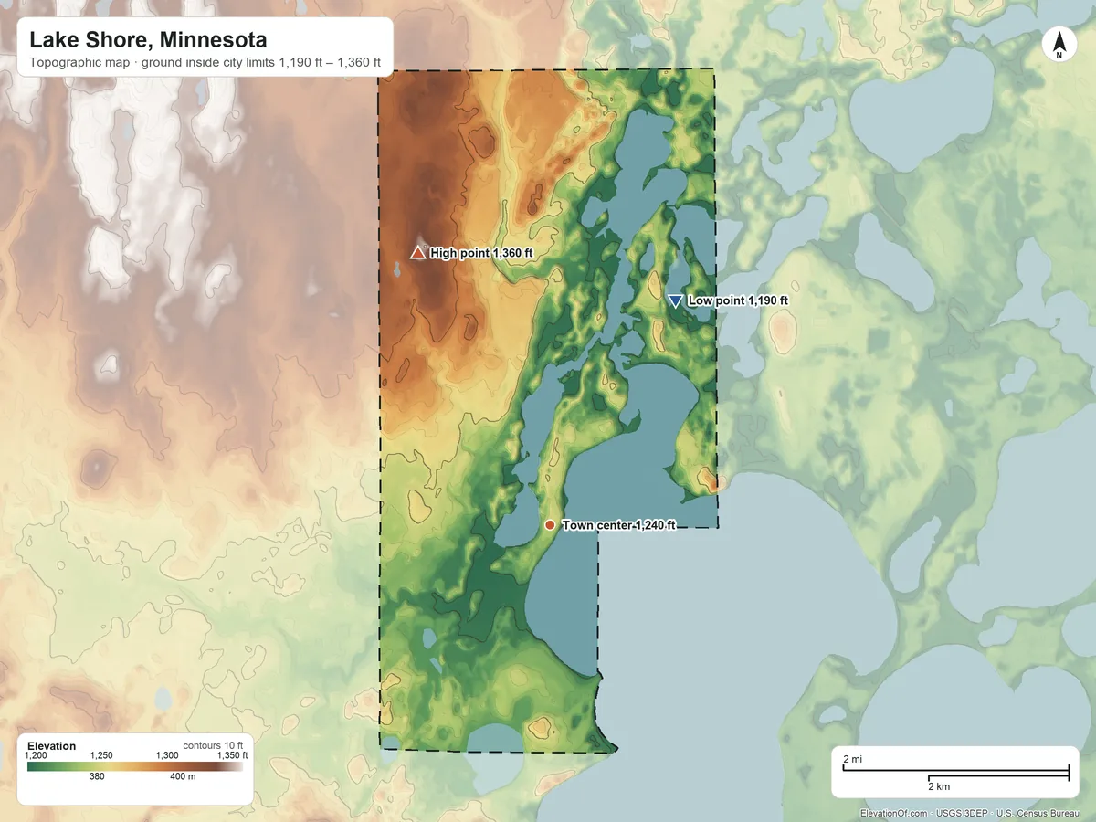 Topographic elevation map of Lake Shore, Minnesota, shaded from 1,190 ft on the northeast side to 1,360 ft on the northwest side