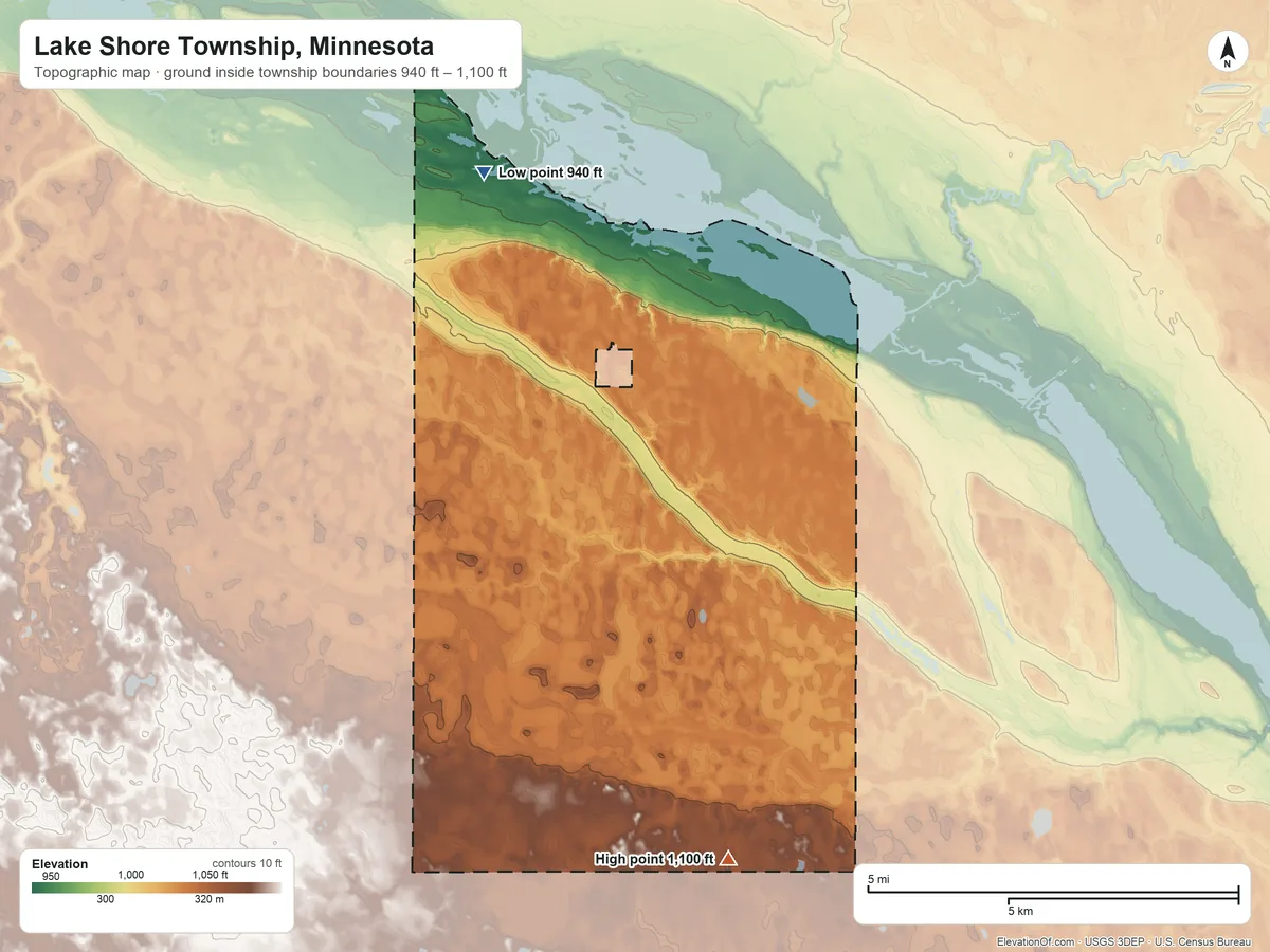 Topographic elevation map of Lake Shore Township, Minnesota, shaded from 940 ft on the north side to 1,100 ft on the southeast side