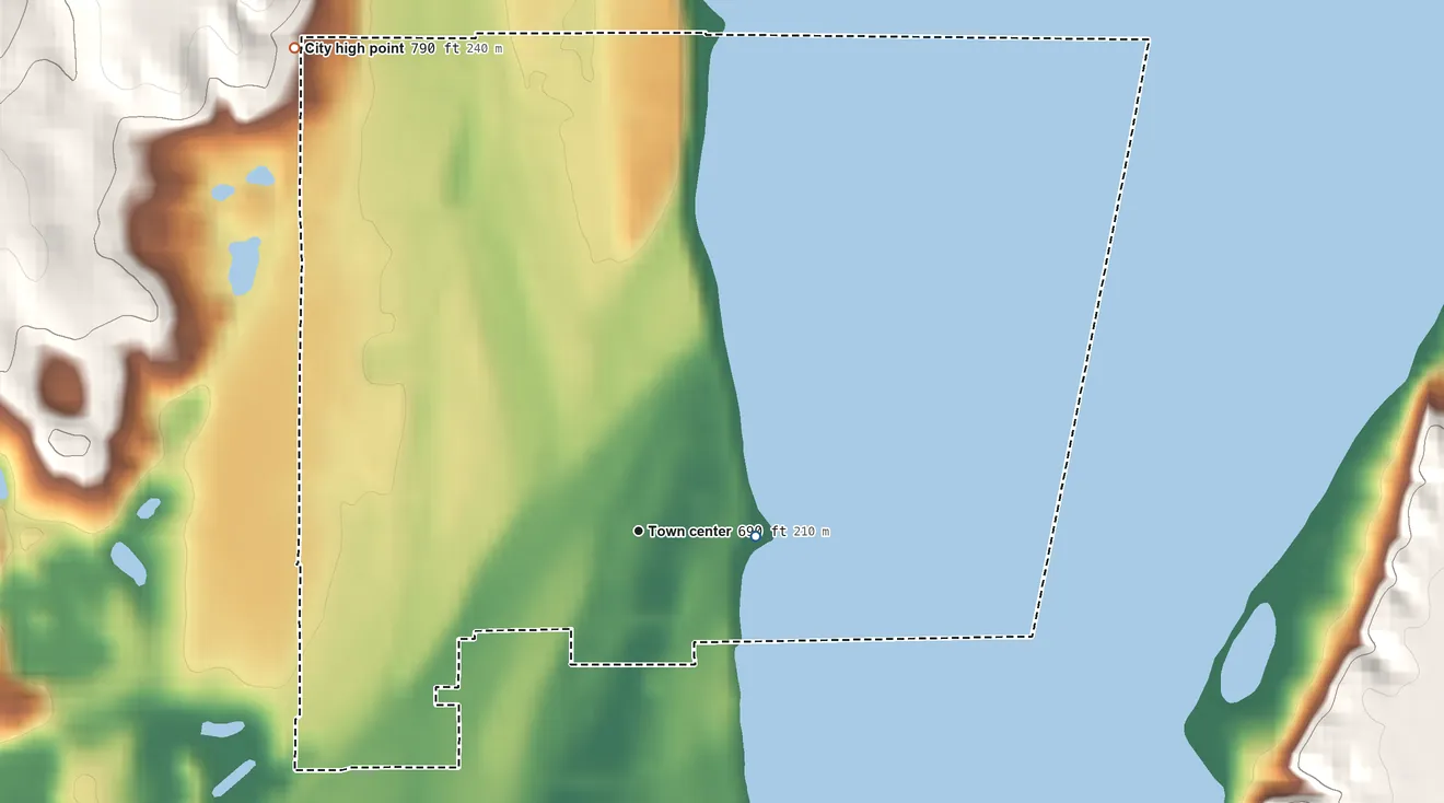 Topographic elevation map of Lake St. Croix Beach, Minnesota, shaded from 680 ft on the east side to 790 ft on the northwest side
