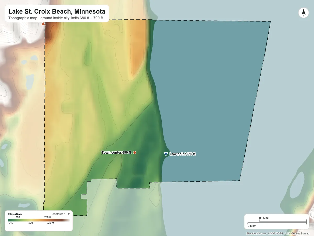 Topographic elevation map of Lake St. Croix Beach, Minnesota, shaded from 680 ft on the east side to 790 ft on the northwest side