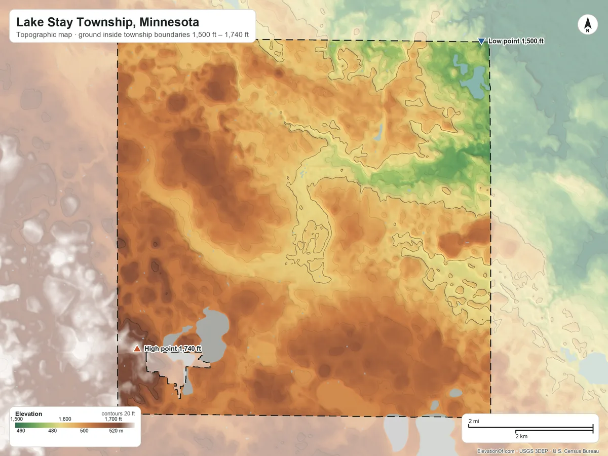 Topographic elevation map of Lake Stay Township, Minnesota, shaded from 1,500 ft on the northeast side to 1,740 ft on the southwest side
