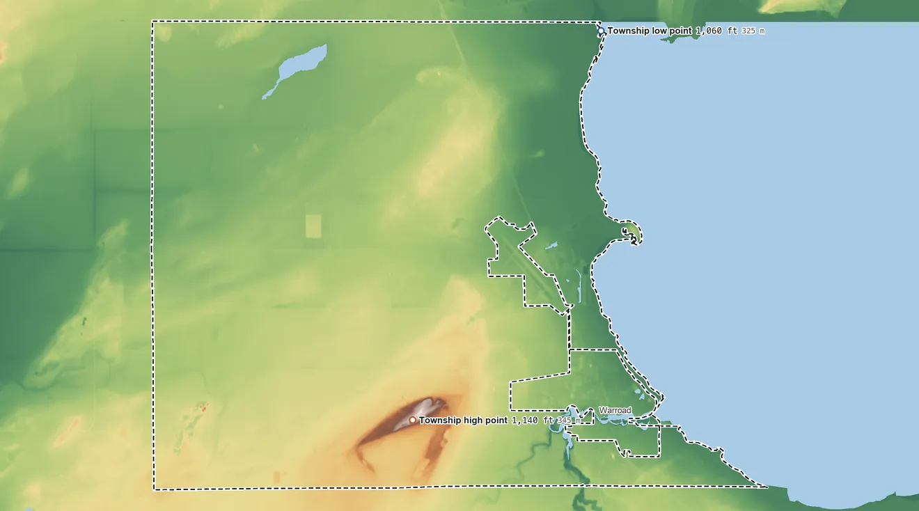 Topographic elevation map of Lake Township, Minnesota, shaded from 1,060 ft on the northeast side to 1,140 ft on the south side