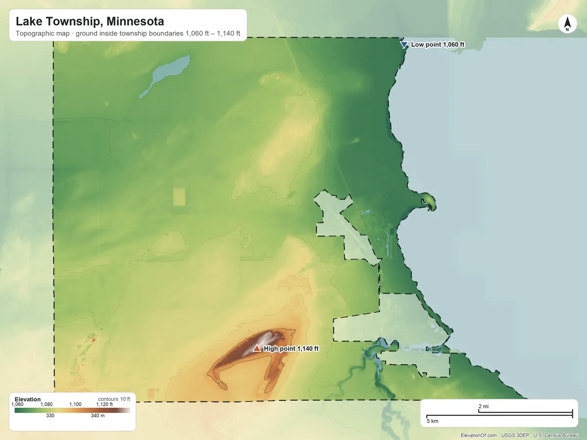Topographic elevation map of Lake Township, Minnesota, shaded from 1,060 ft on the northeast side to 1,140 ft on the south side