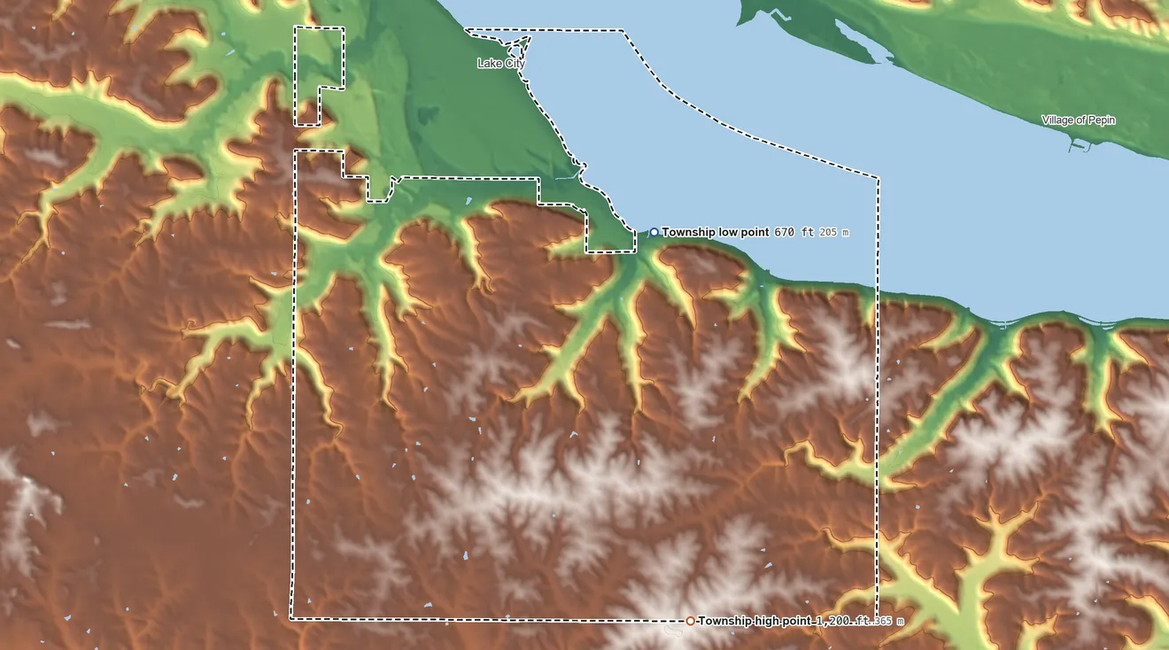 Topographic elevation map of Lake Township, Wabasha County, Minnesota, shaded from 670 ft on the east side to 1,200 ft on the southeast side