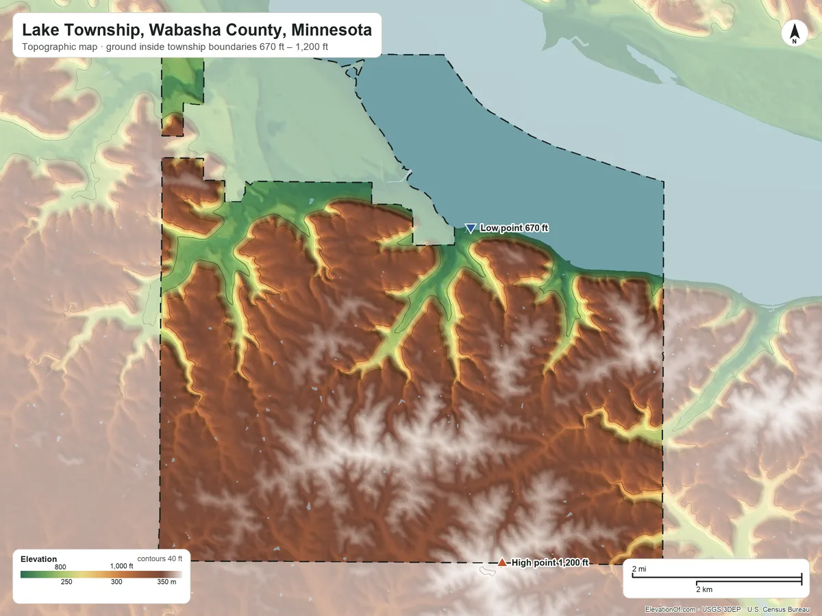 Topographic elevation map of Lake Township, Wabasha County, Minnesota, shaded from 670 ft on the east side to 1,200 ft on the southeast side