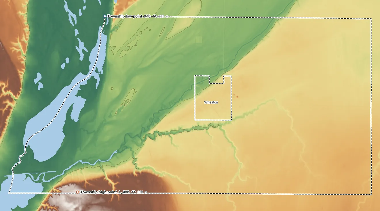 Topographic elevation map of Lake Valley Township, Minnesota, shaded from 970 ft on the northwest side to 1,080 ft on the southwest side