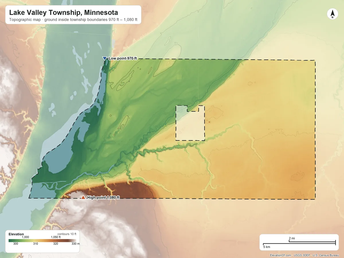Topographic elevation map of Lake Valley Township, Minnesota, shaded from 970 ft on the northwest side to 1,080 ft on the southwest side